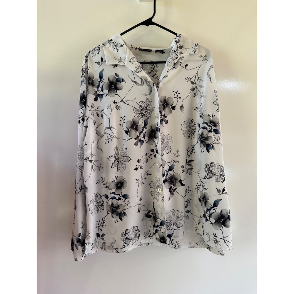Laura Scott Women 20W White Floral Button Down Blouse Long Sleeve Top